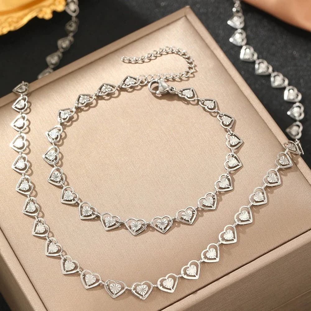 シルバー ハート ネックレス・ブレスレット・ピアス セット