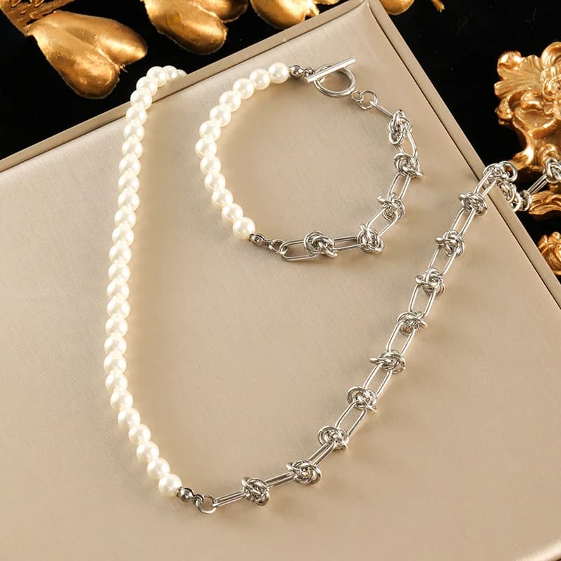 アシンメトリー パール ネックレス＆ブレスレットセット シルバー