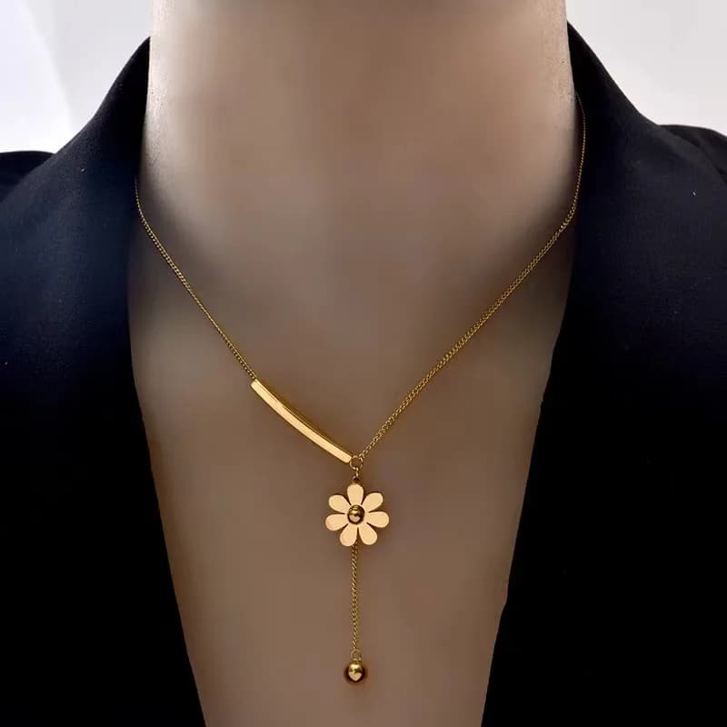 ビーズフラワーネックレス、ゴールドカラー ステンレススチール
