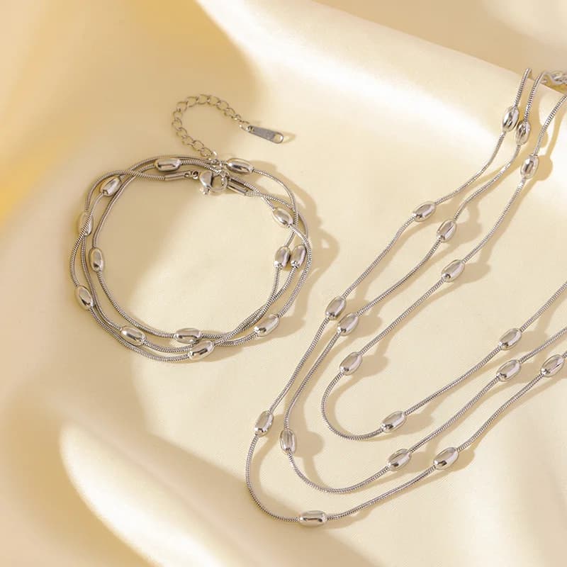 ゴールド マルチレイヤースタッキングチェーン ネックレス&ブレスレットセット